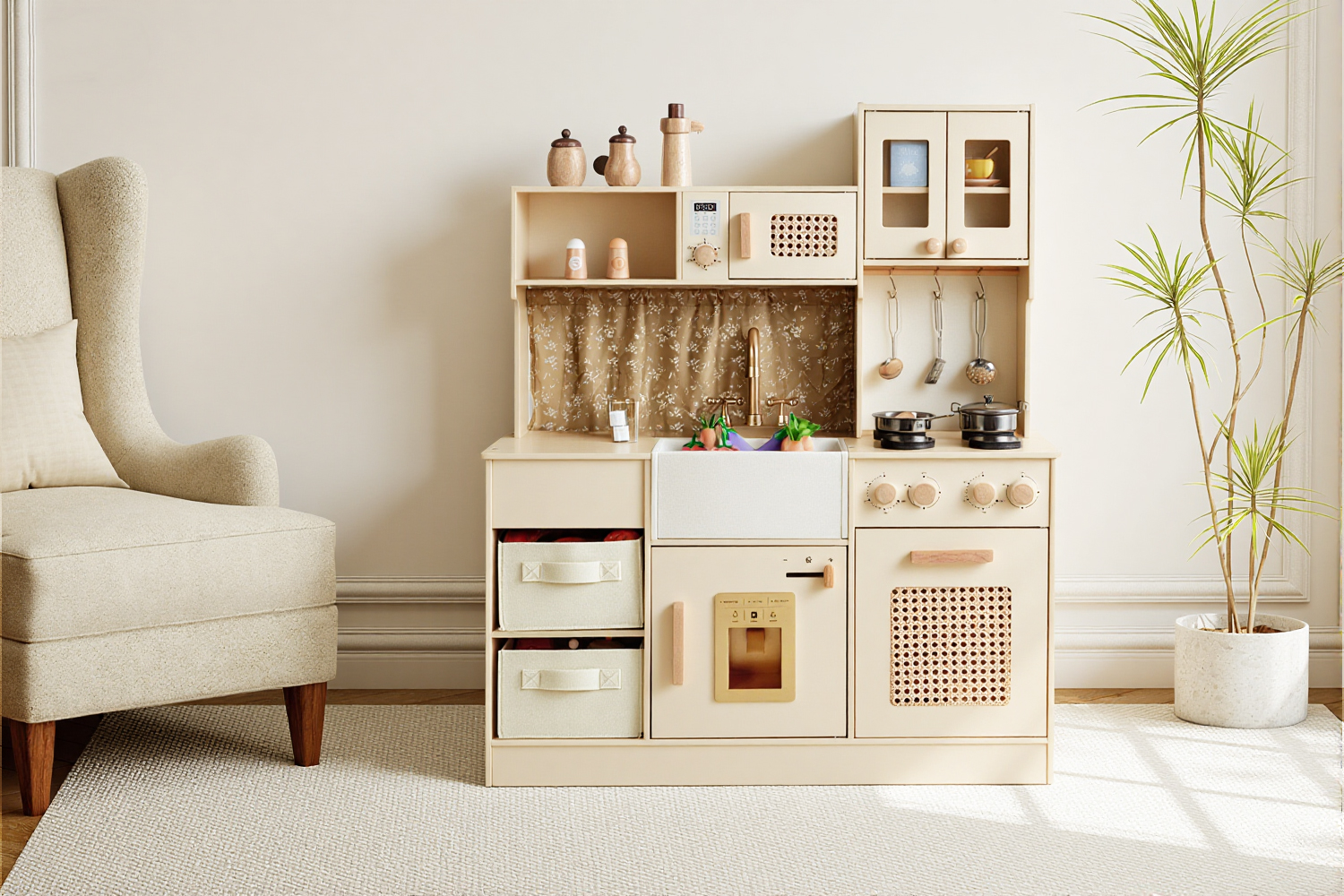Cream play kitchen with storage for kids playroom and Montessori-inspired pretend play